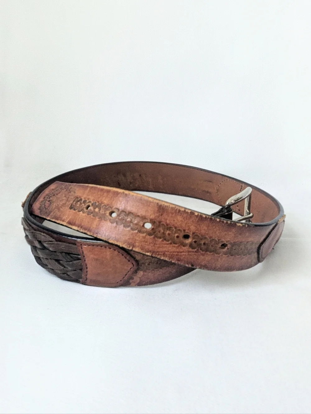 Vintage Leegin USA Full Grain Leather Western Tooled Floral Braided Belt Sz 30